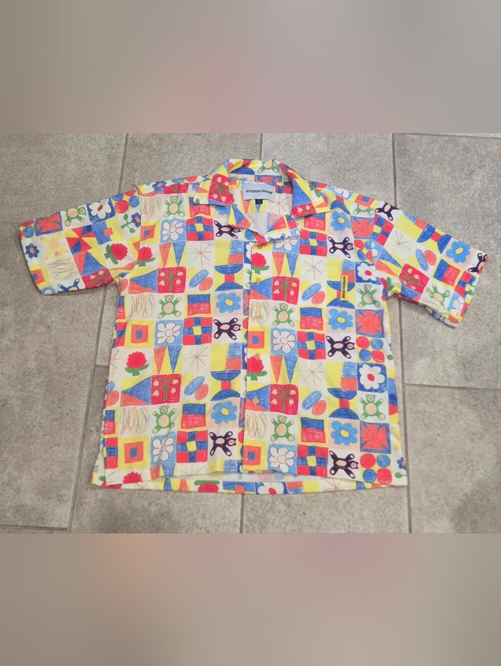 Outsiders Division Crayon Patchwork Camp Shirt Size L Multi Color Art Graphic